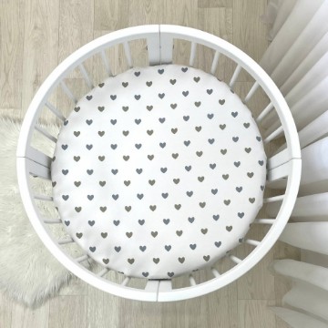 Husa saltea rotunda patut bebe copii cu elastic, Inimioare bej-gri